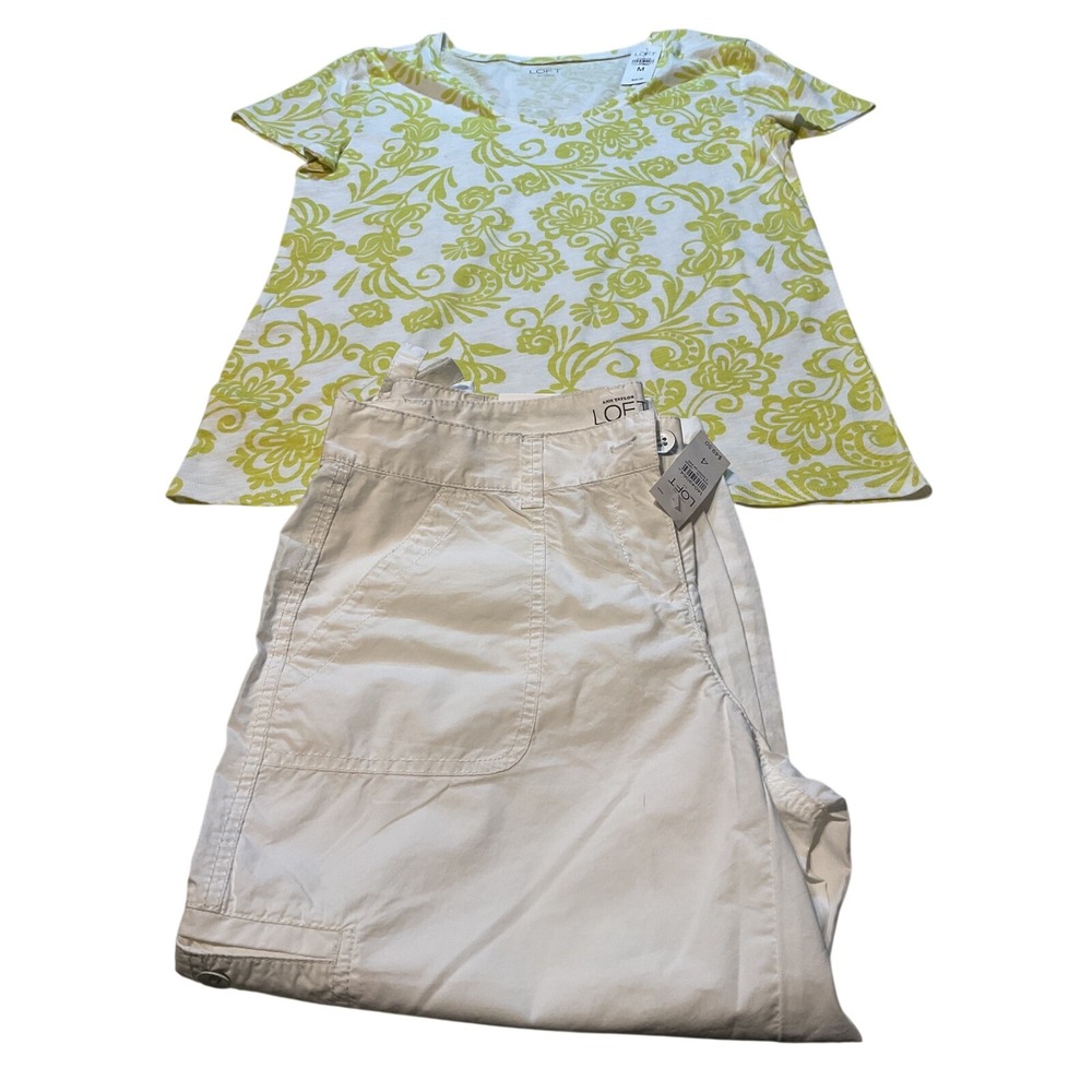 Ann Taylor LOFT White Floral Shirt Size Medium & White Cargo Capri Pants Size 4